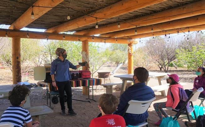 Educator stands in front of a classroom group with an adult barn owl perched on her left gloved hand. The group is seated on folding chairs under a ramada that is surrounded by natural desert and native trees.