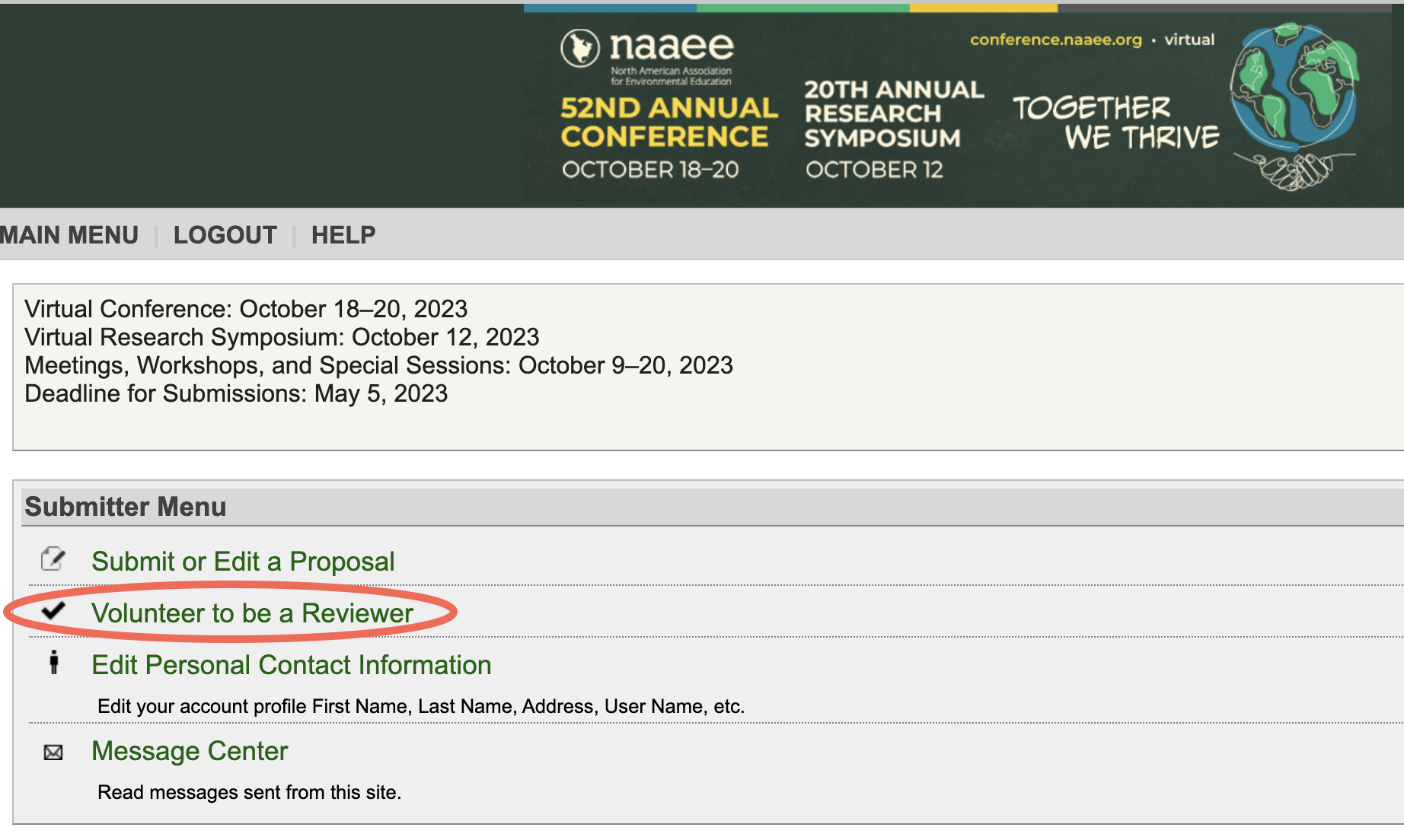 Screengrab of the NAAEE conference proposal platform with the words "Volunteer to Be a Reviewer" circled in red. 